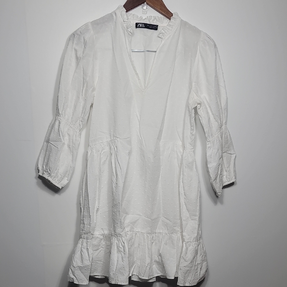Zara Cotton Babydoll White Textured Dress